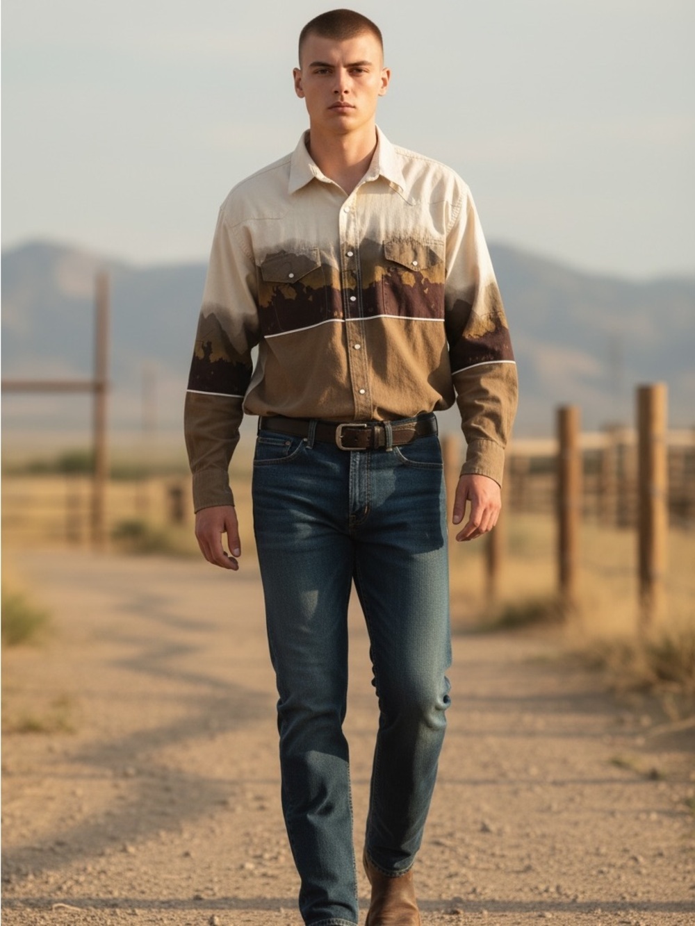 90’s Wrangler Western Ombre Desert Cream & Brown Pearl Snap Button Down Shirt